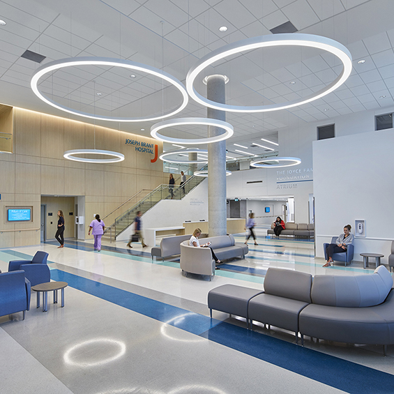 Interior photo of Joesph Brant Hospital lobby, modern interior