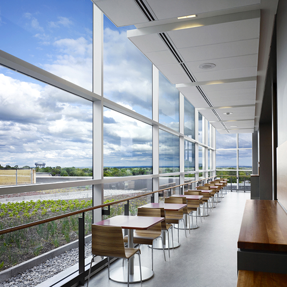 Modern space with large glass windows and seating