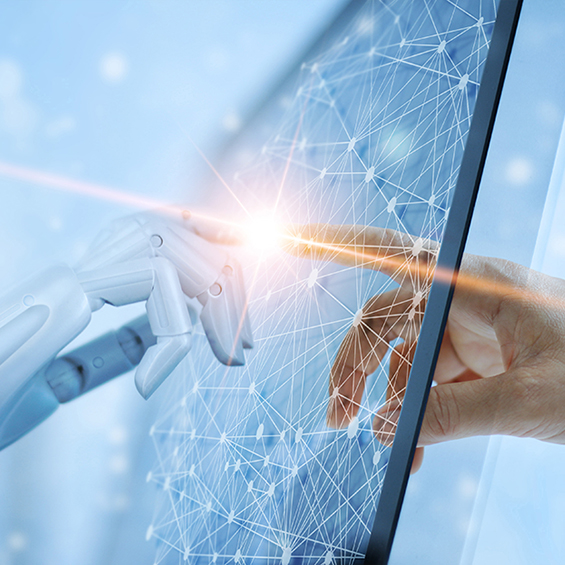 Robot and human touching screen.