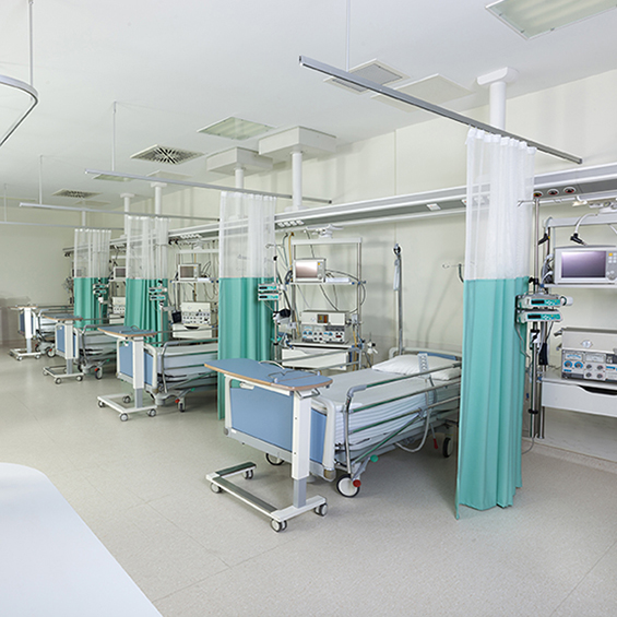 Empty beds in a hospital or surgical recovery room