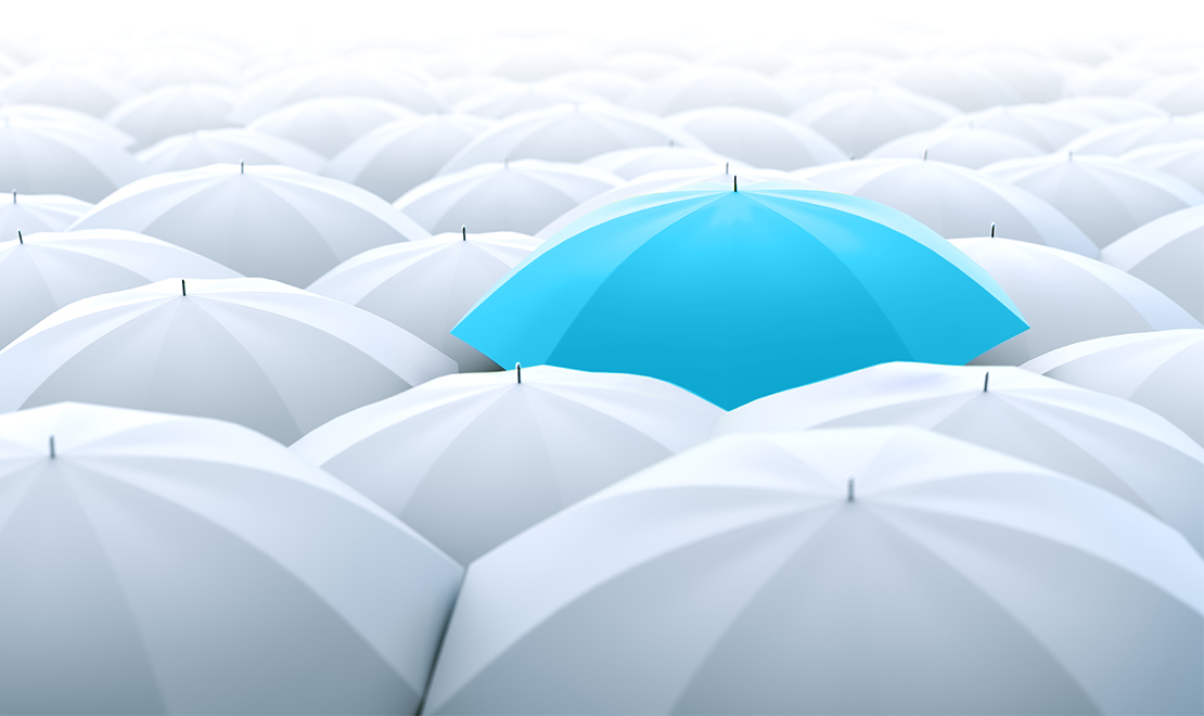 Green umbrella. Different, leader, unique, boss, individuality, original, special concept Blue umbrella in a row of white ones