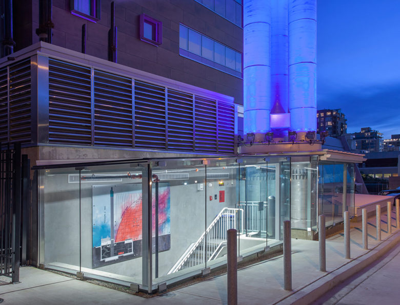 Exterior shot of the Lions Gate Hospital at dusk