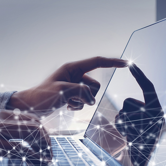 Software developer working on laptop computer with network connection, monochrome, internet of things IoT, 4.0 digital technology development concept