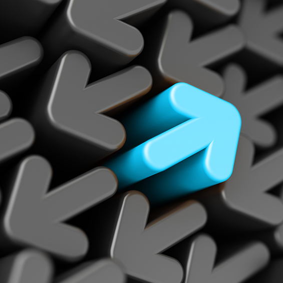 Blue arrow going opposite direction among gray arrows