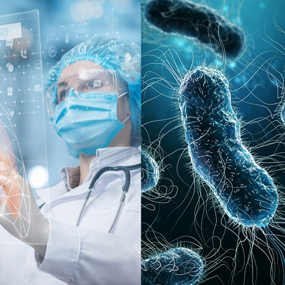 Image collage of nurse with mask and close up of cell organism