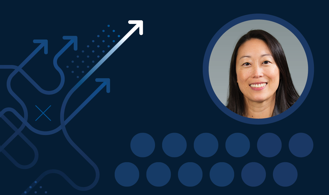Portrait of Marianne Lee with arrow graphic background