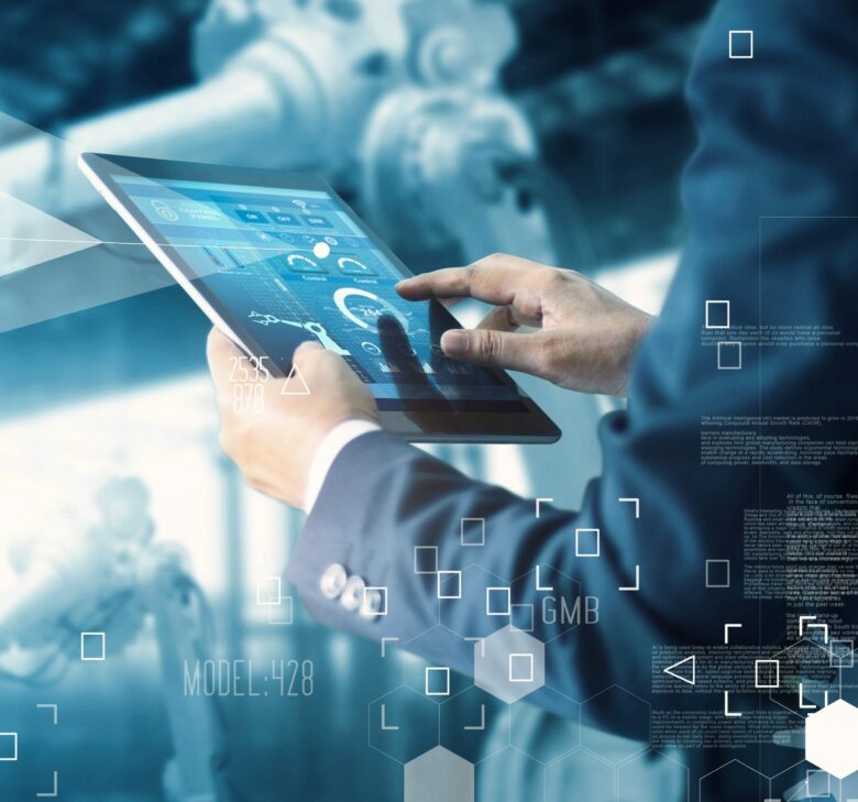 Manager Technician Industrial Engineer working and control robotics with monitoring system software and icon industry network connection on tablet. AI, Artificial Intelligence, Automation robot arm machine in smart factory on blue digital background, Inno Manager Technician Industrial Engineer working and control robotics with monitoring system software and icon industry network connection on tablet. AI, Artificial Intelligence, Automation robot arm machine in smart factory on blue digital background, Innovative and futuristic technology.