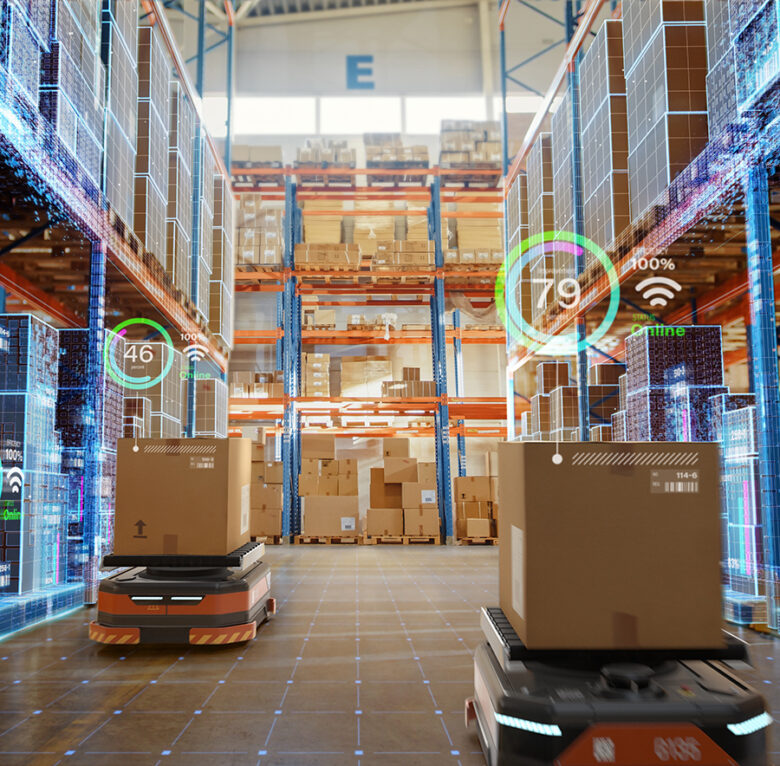 Future Technology 3D Concept: Automated Retail Warehouse AGV Robots with Infographics Delivering Cardboard Boxes in Distribution Logistics Center. Automated Guided Vehicles Goods, Products, Packages Future Technology 3D Concept: Automated Retail Warehouse AGV Robots with Infographics Delivering Cardboard Boxes in Distribution Logistics Center. Automated Guided Vehicles Goods, Products, Packages