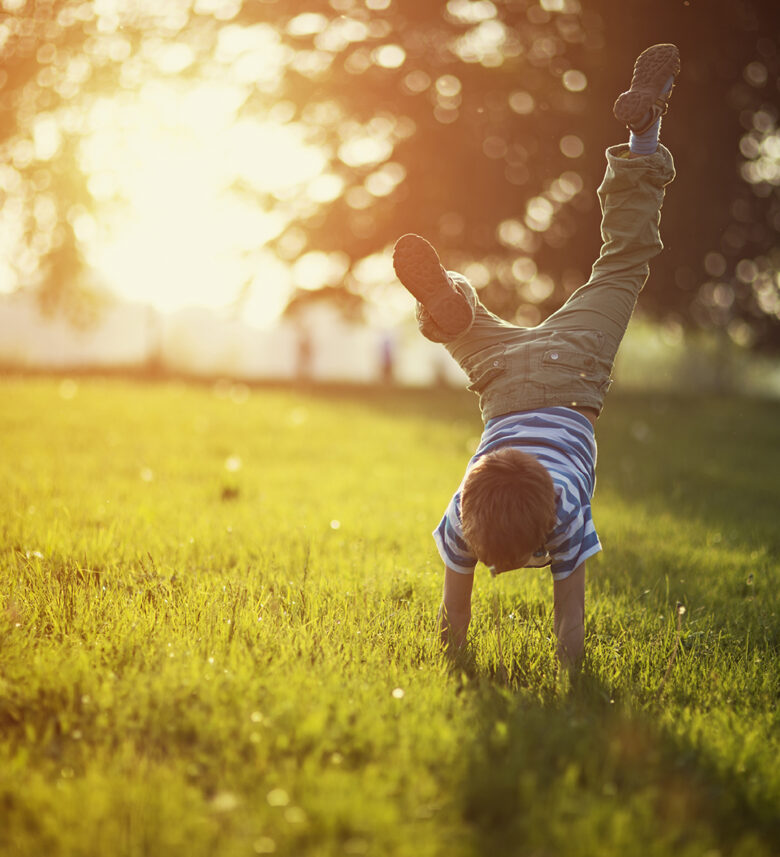 Little boy standing on hands on grass Portrait of a little boy having fun on grass in park or garden. The boy is standing on hands. Sunny spring or summer evening.
