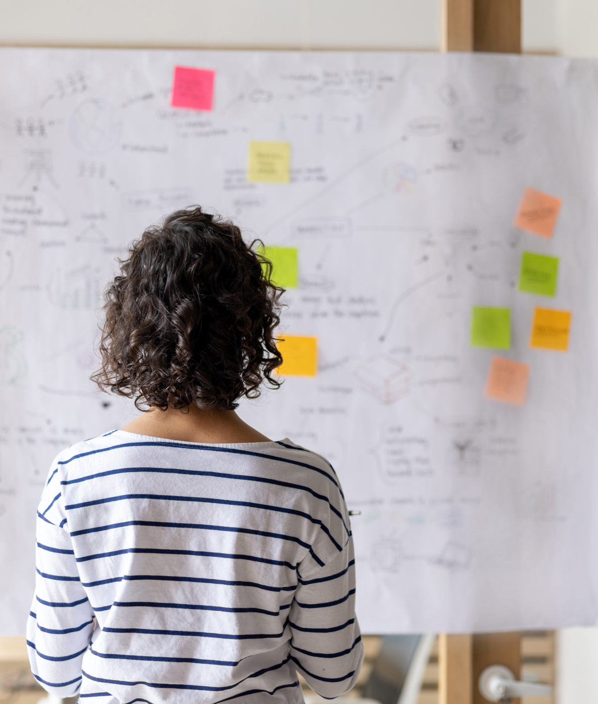 Business woman creating a business plan at the office Rear view of a business woman creating a business plan at the office and writing ideas on a board