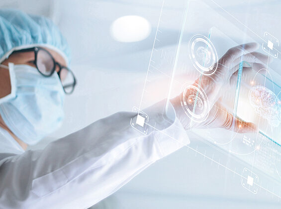 Doctor analyze and checking brain testing result with virtual computer interface, innovative technology in science and medicine concept