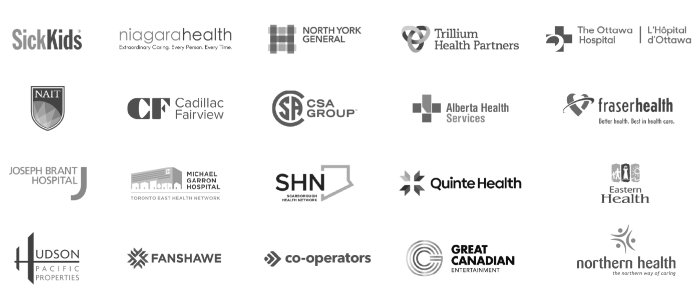AC_Logo_Quilt Logos for SickKids, Niagara Health, North York General, Trillium, Ottawa Hospital, NAIT, Cadillac Fairview, CSA Group, Alberta Health, Fraser Health, Joseph Brant Hospital, Michael Garron Hospital, Scarborough Health Network, Quinte Health, Eastern Health, Hudson, Fanshawe, Co-operatives, Great Canadian, Northern Health